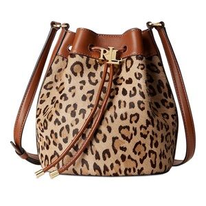 RALPH LAUREN Andie Drawstring Crossbody Bucket Bag Leopard Calf Hair NWT $325